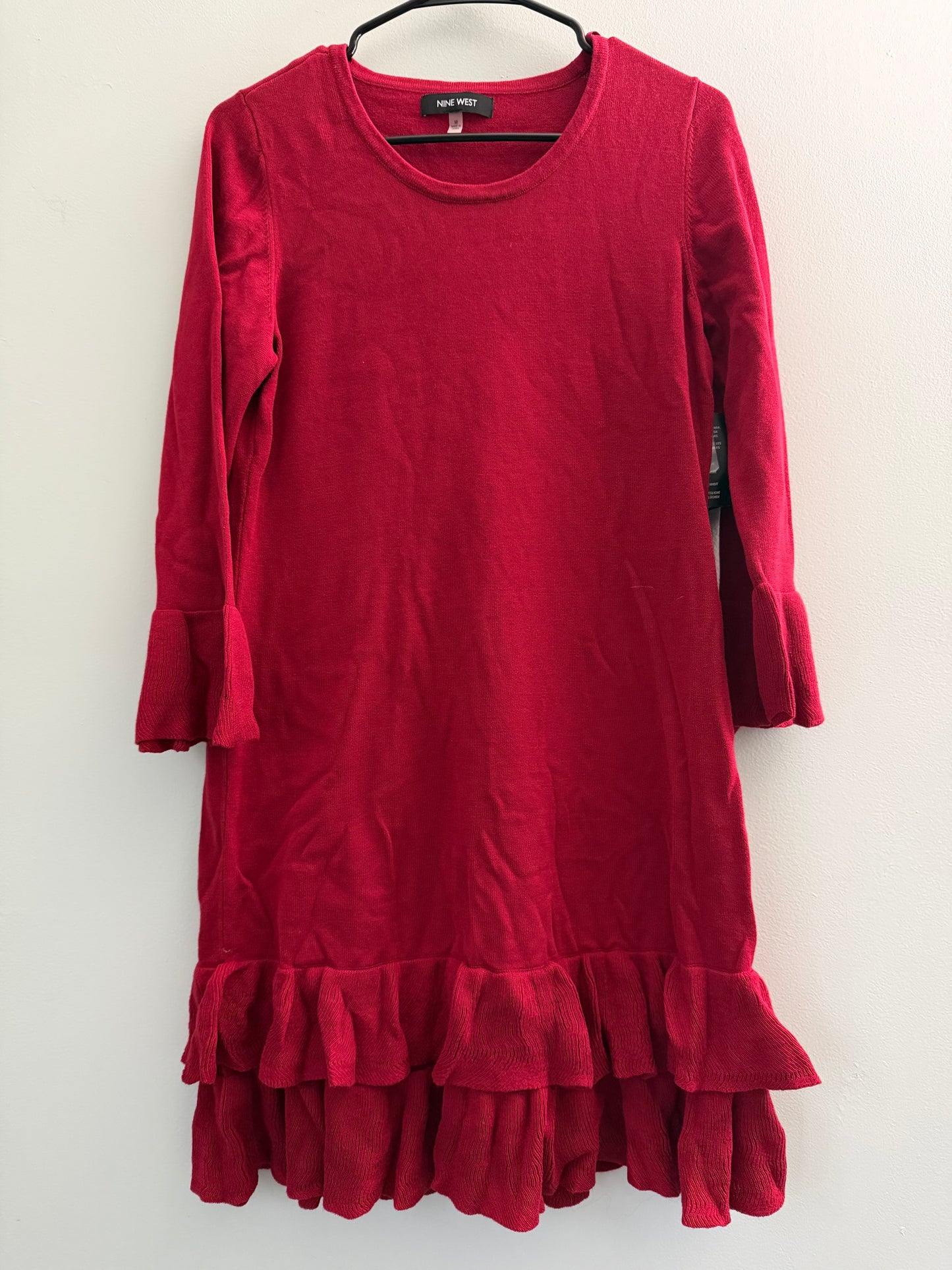 Nine West Women's Bell Sleeve Sweater Dress Ruffle Hem, Red Rouge, M