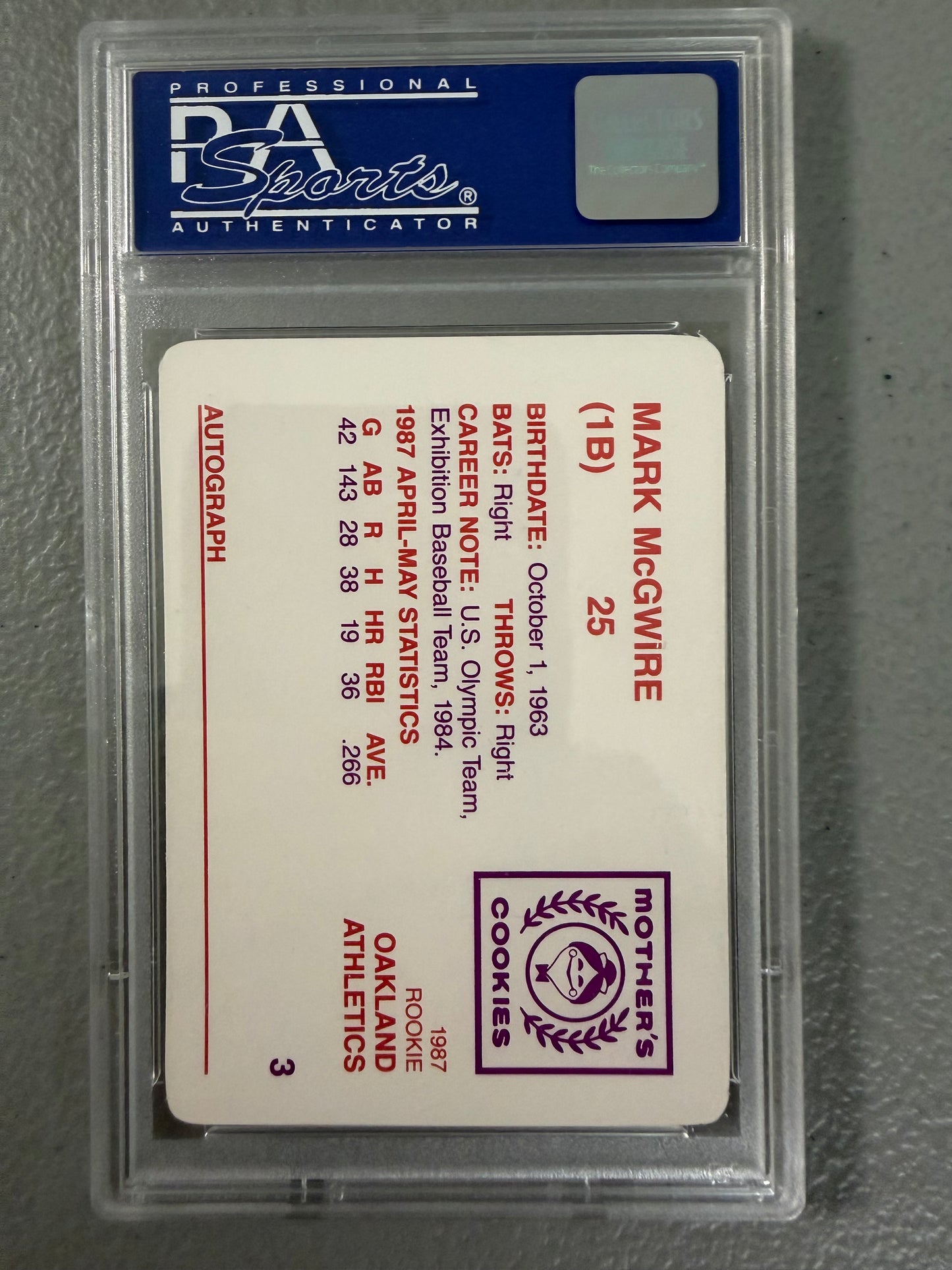 1987 Mark McGwire Mother's Cookies RC PSA 9 Mint Beginning Bat Swing