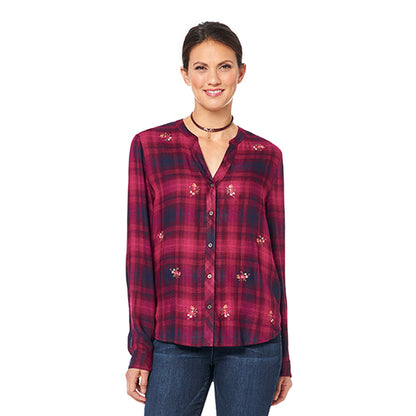 Democracy Long Sleeve Plaid Shirt With Floral Embroidery-Fuchsia