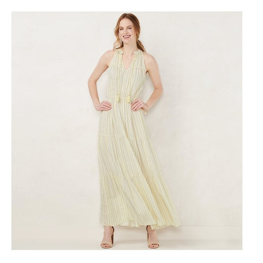 LC Lauren Conrad Dress Maxi Halter Yellow & Blue Pinstripe XS
