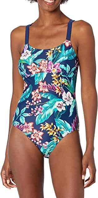 Coastal Blue Women's Modest One Piece Swimsuit Blue Tropical