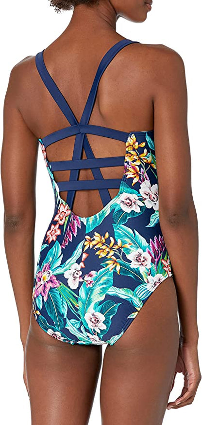 Coastal Blue Women's Modest One Piece Swimsuit Blue Tropical