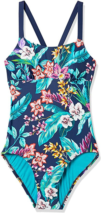 Coastal Blue Women's Modest One Piece Swimsuit Blue Tropical