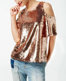 INC International Concepts Sequined Cold-Shoulder Top in Rose Gold