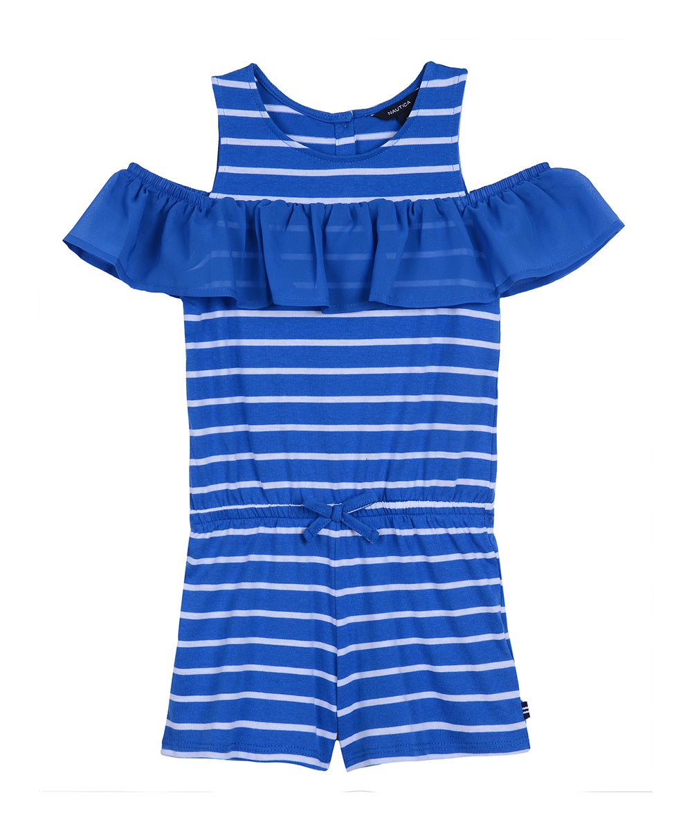 Nautica Blue and White Striped Girl's Ruffle Cold Shoulder Romper -6X