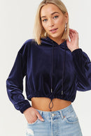 Forever 21 Women's Velour Hoodie Blue Crushed Velvet Sweater Crop Top