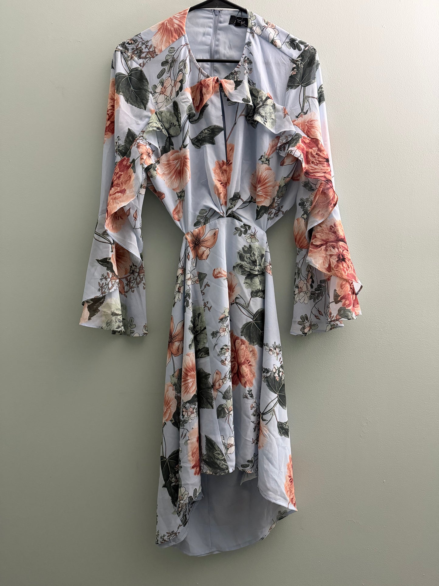 Bardot Floral Frill Cutout Chiffon Mini Dress Long Bell Sleeves -10/L