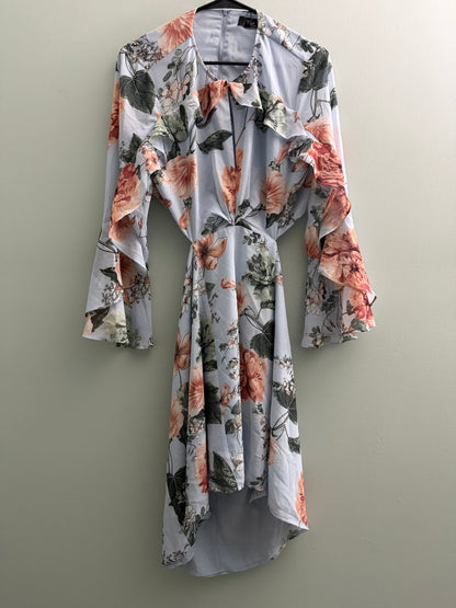 Bardot Floral Frill Cutout Chiffon Mini Dress Long Bell Sleeves -10/L