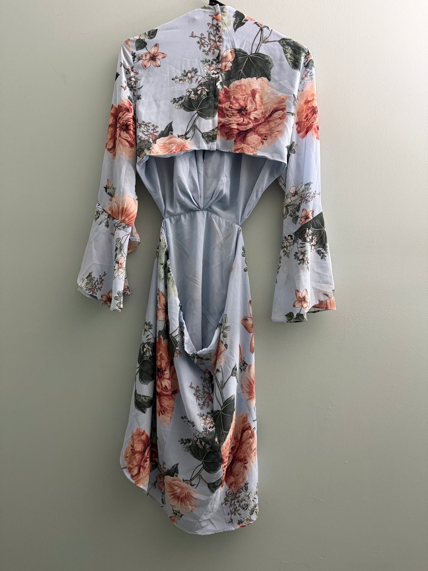 Bardot Floral Frill Cutout Chiffon Mini Dress Long Bell Sleeves -10/L