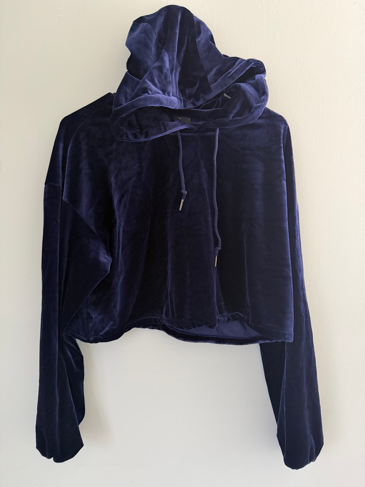 Forever 21 Women's Velour Hoodie Blue Crushed Velvet Sweater Crop Top