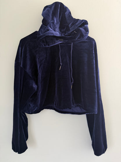 Forever 21 Women's Velour Hoodie Blue Crushed Velvet Sweater Crop Top