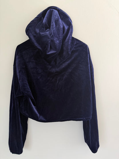 Forever 21 Women's Velour Hoodie Blue Crushed Velvet Sweater Crop Top