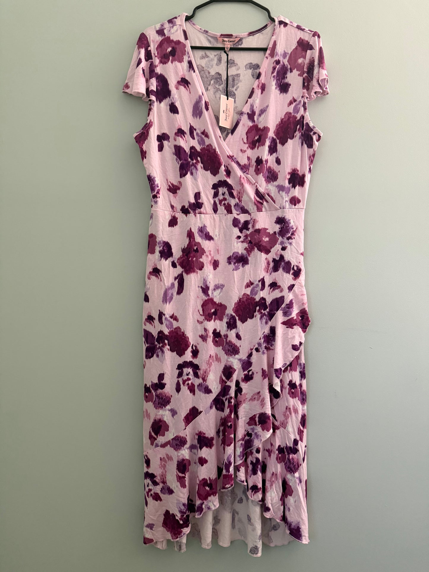 Juicy Couture Pink Faux Wrap Midi Dress With Purple Floral Print