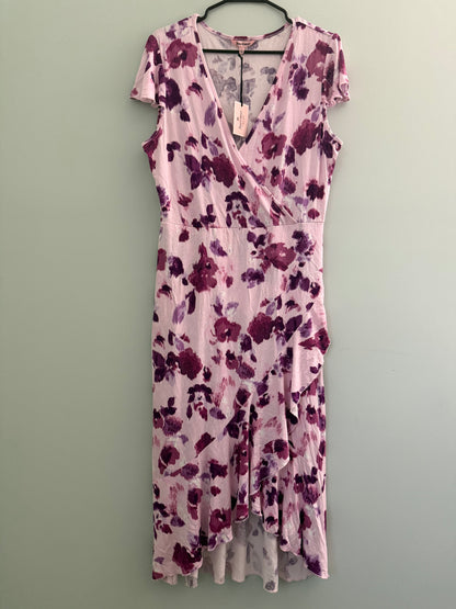 Juicy Couture Pink Faux Wrap Midi Dress With Purple Floral Print
