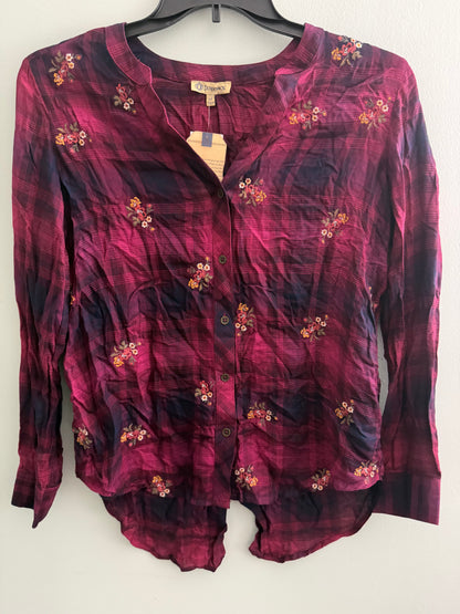Democracy Long Sleeve Plaid Shirt With Floral Embroidery-Fuchsia