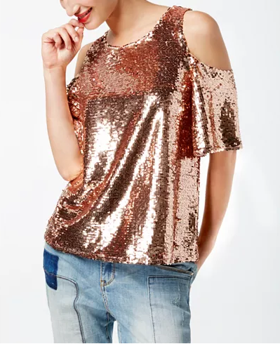 INC International Concepts Women's Gold Sequin Cold-Shoulder Top -PP