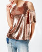 [Size PP] Sequined Cold-Shoulder Statement Top-Shimmer Rose Gold