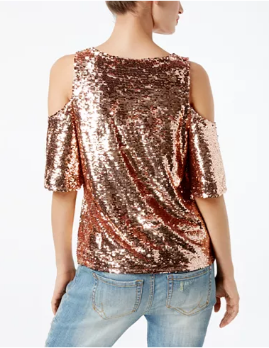 INC International Concepts Women's Gold Sequin Cold-Shoulder Top -PP