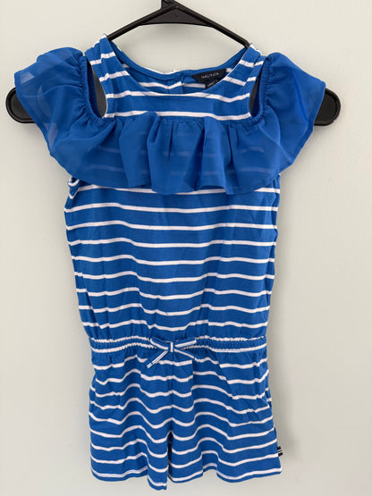 Nautica Blue and White Striped Girl's Ruffle Cold Shoulder Romper -6X