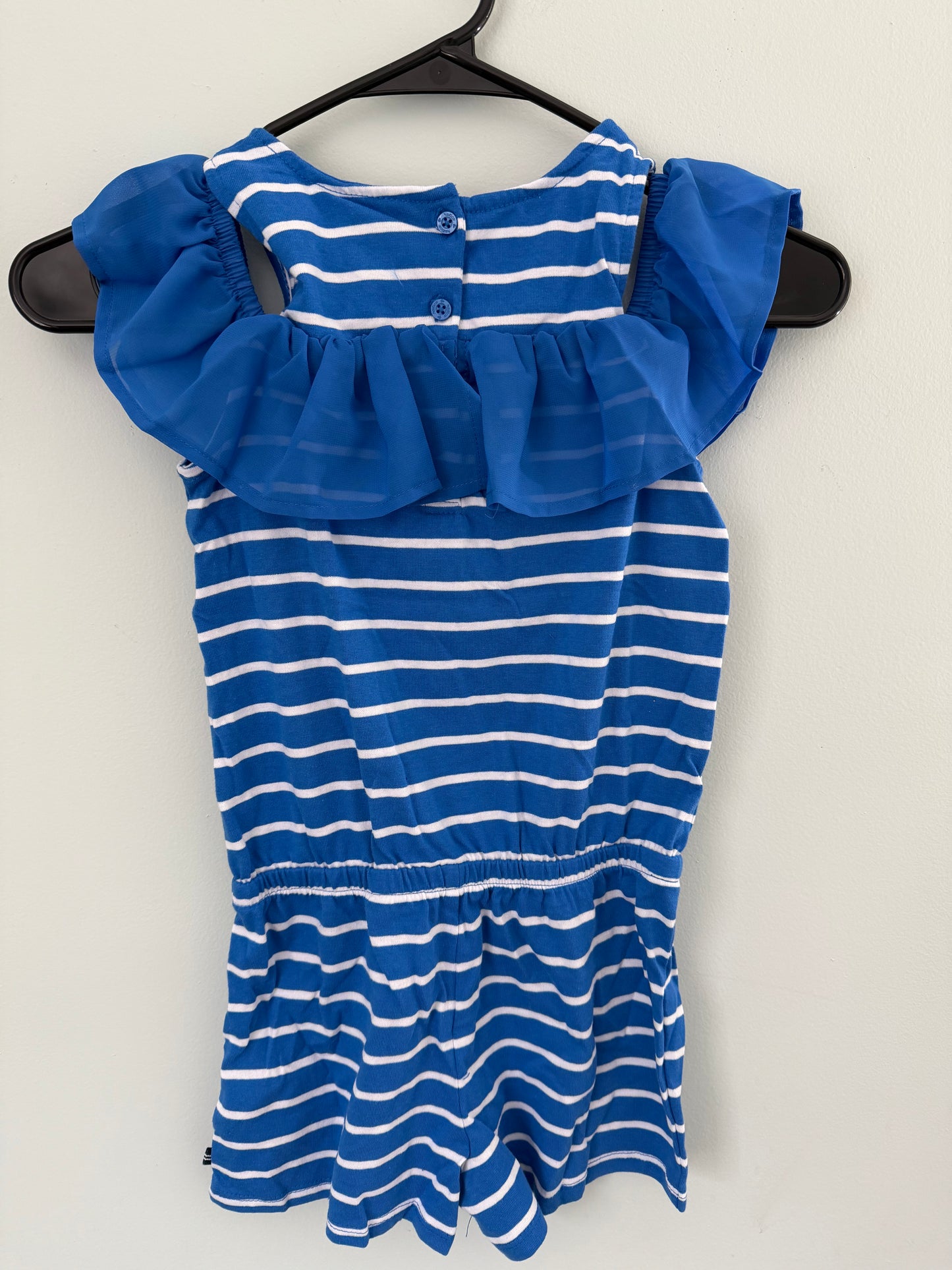 Nautica Blue and White Striped Girl's Ruffle Cold Shoulder Romper -6X