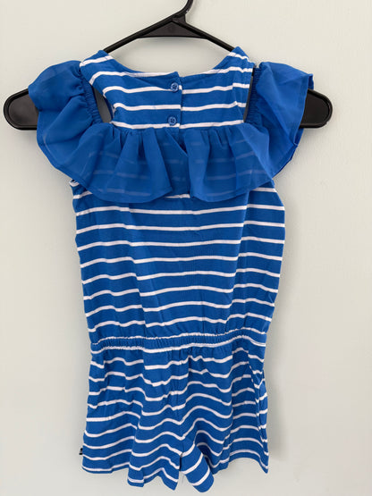 Nautica Blue and White Striped Girl's Ruffle Cold Shoulder Romper -6X