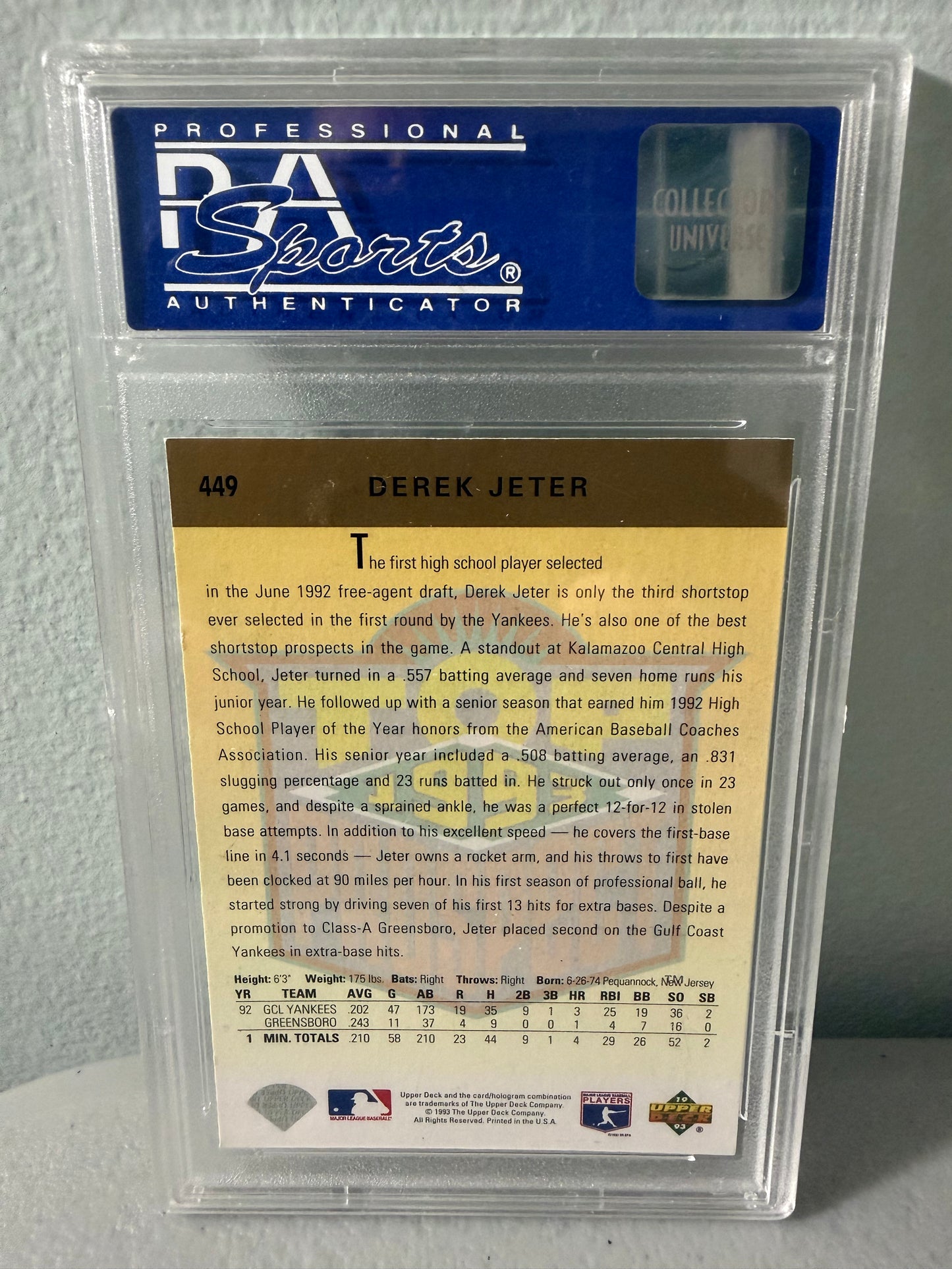 1993 Upper Deck DEREK JETER Top Prospect RC Rookie #449 PSA NM 7 HOF