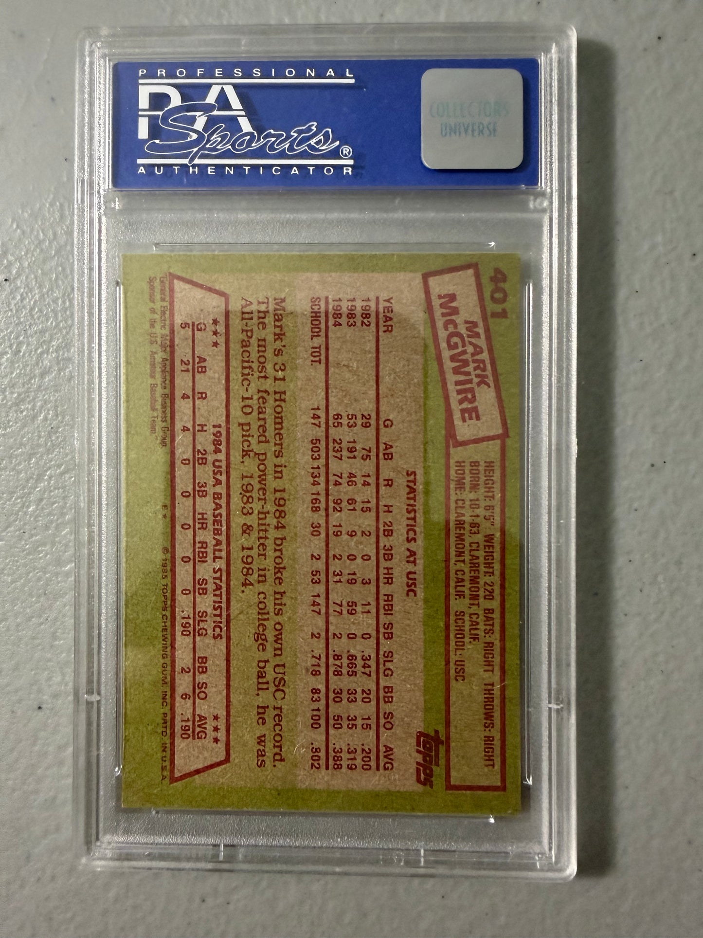 Mark McGwire 1985 Topps USA #401 Rookie Baseball Trading Card PSA 7 NM