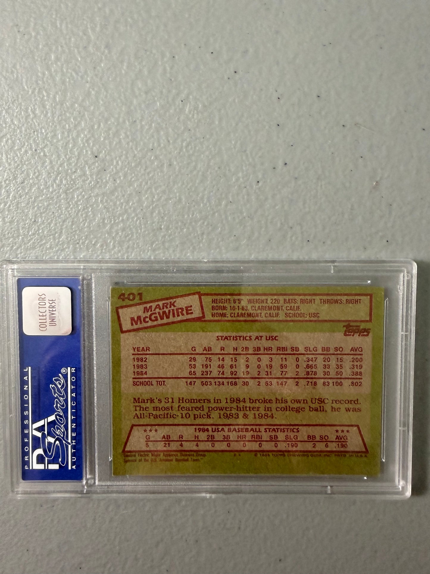 Mark McGwire 1985 Topps USA #401 Rookie Baseball Trading Card PSA 7 NM