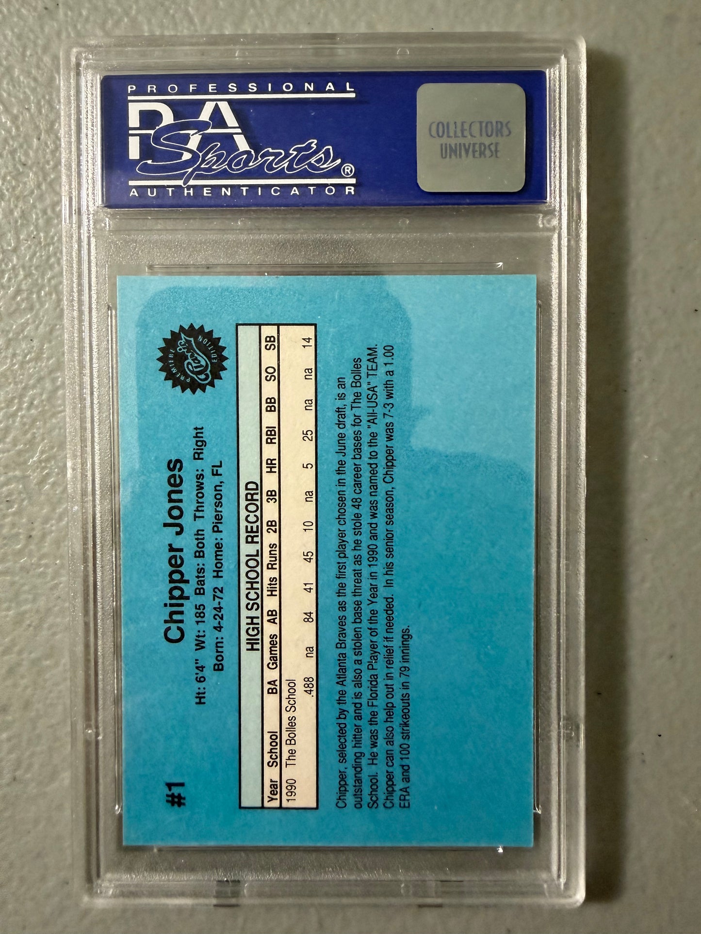 1990 Classic #1 Draft Picks Chipper Jones RC Baseball Card PSA 9 Mint