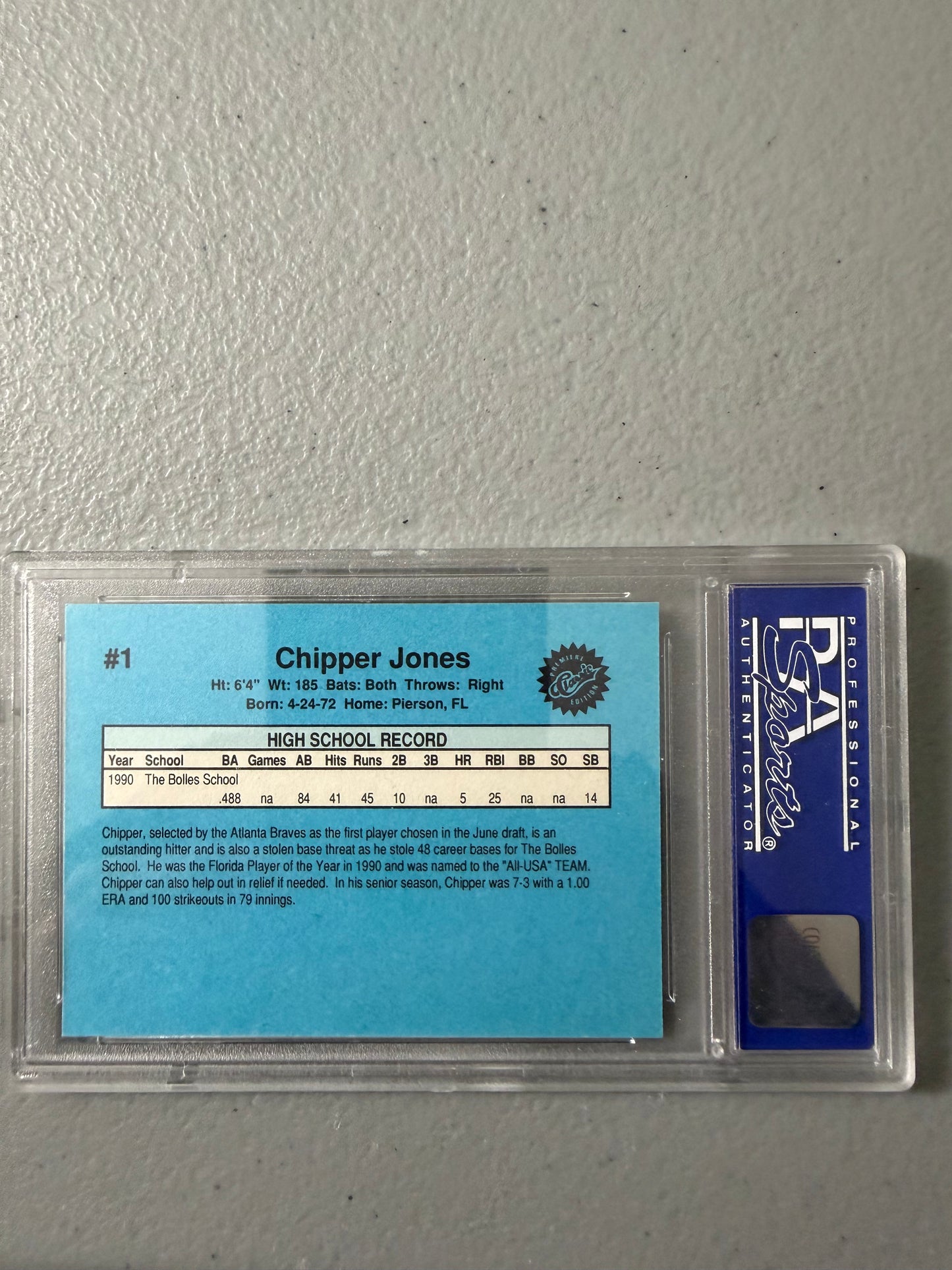 1990 Classic #1 Draft Picks Chipper Jones RC Baseball Card PSA 9 Mint
