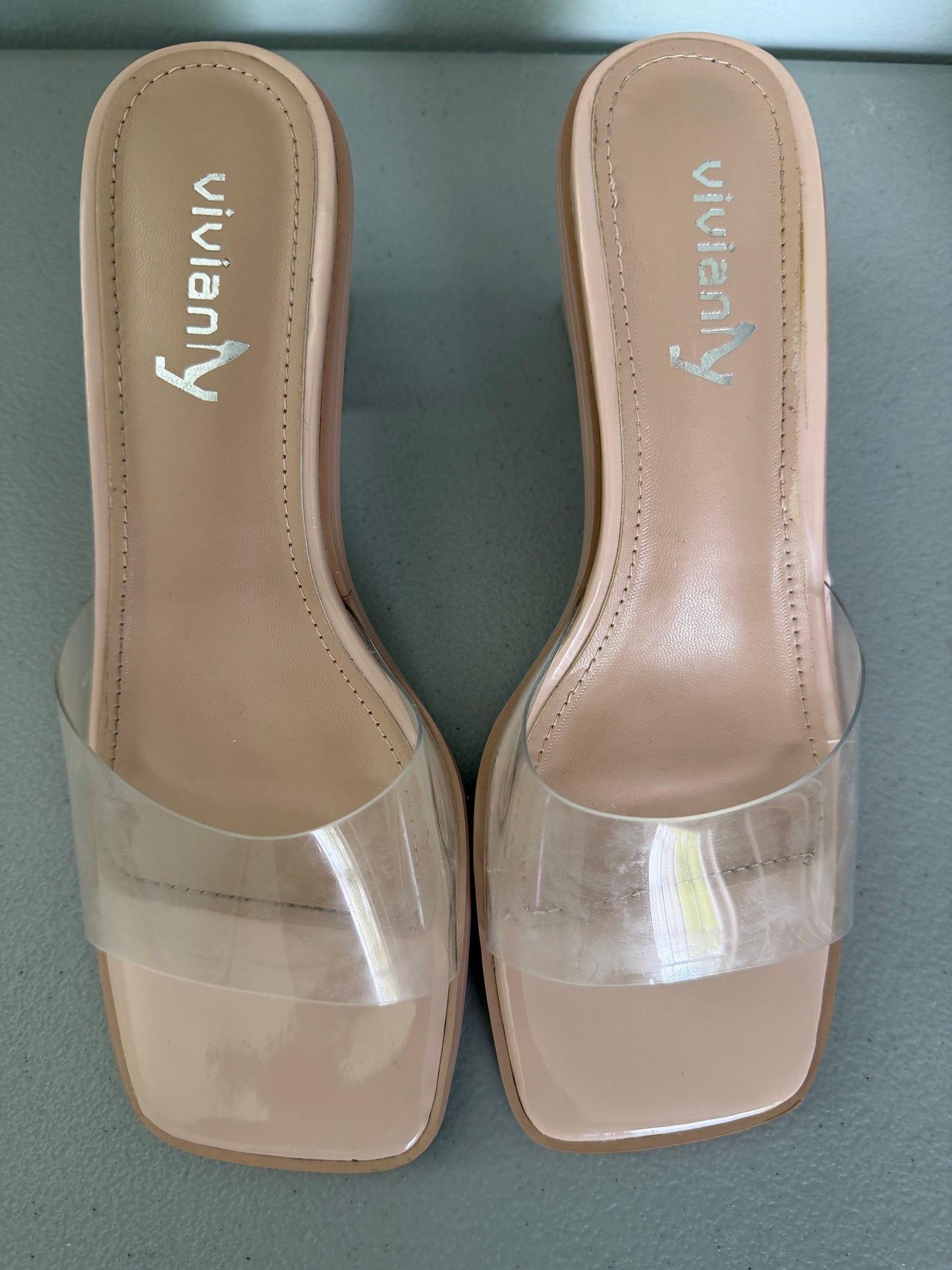Vivianly Clear Square Toe Chunky Heeled Sandal Mule- NEW With Defect
