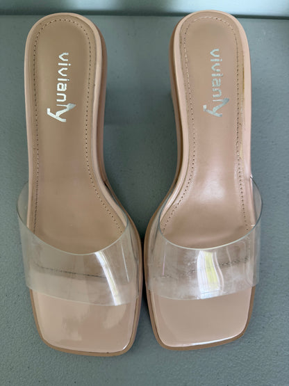 Vivianly Clear Square Toe Chunky Heeled Sandal Mule- NEW With Defect