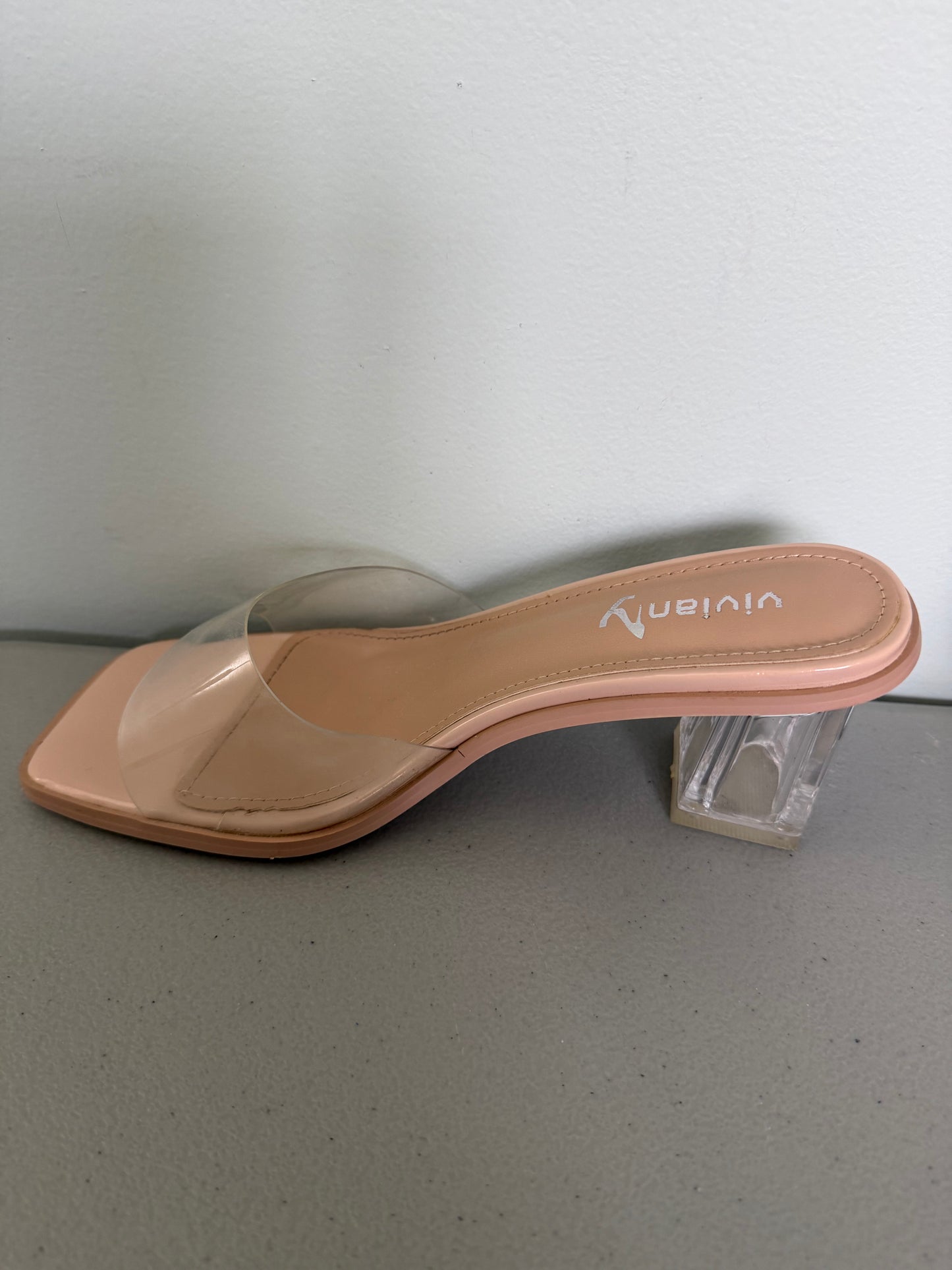 Vivianly Clear Square Toe Chunky Heeled Sandal Mule- NEW With Defect