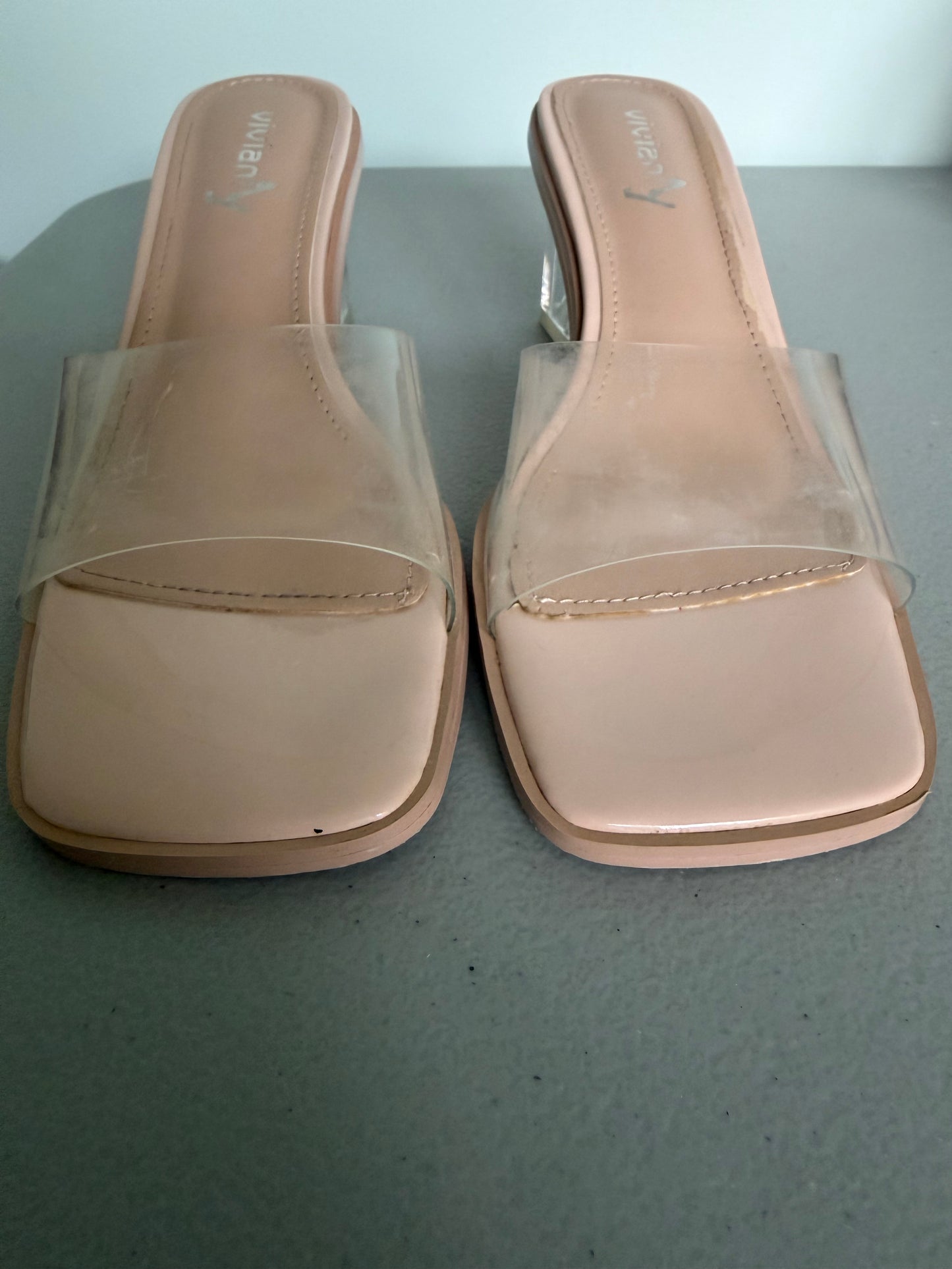 Vivianly Clear Square Toe Chunky Heeled Sandal Mule- NEW With Defect