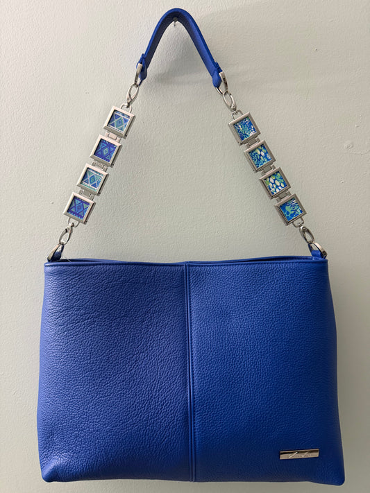 Vanna Luu Blue Leather Shoulder Bag Removable Lockets Strap USA Made