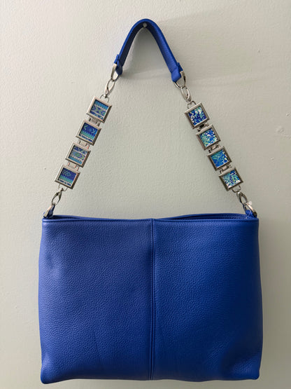 Vanna Luu Blue Leather Shoulder Bag Removable Lockets Strap USA Made