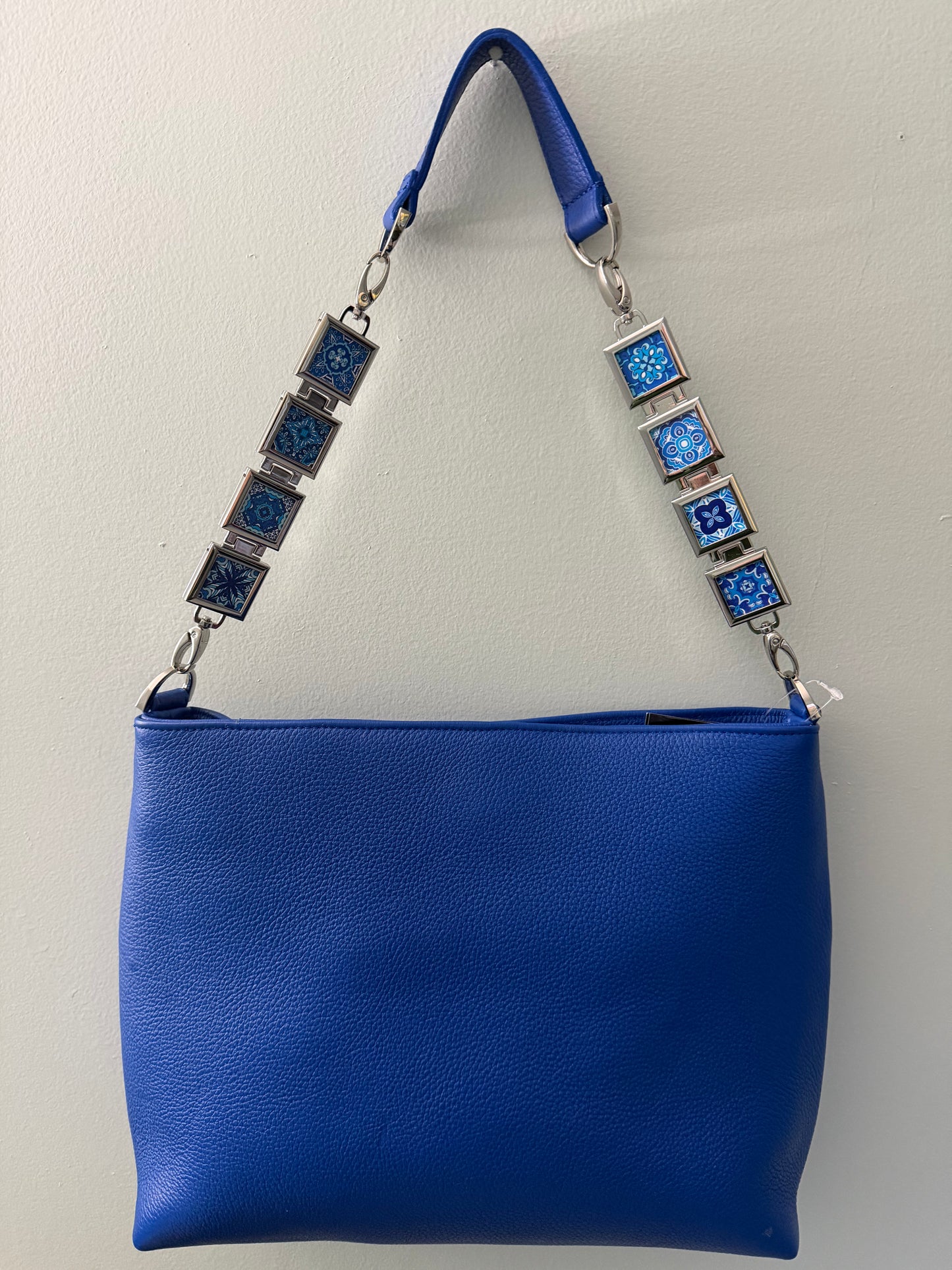 Vanna Luu Blue Leather Tote Bag With Removable Locket Strap- USA Made