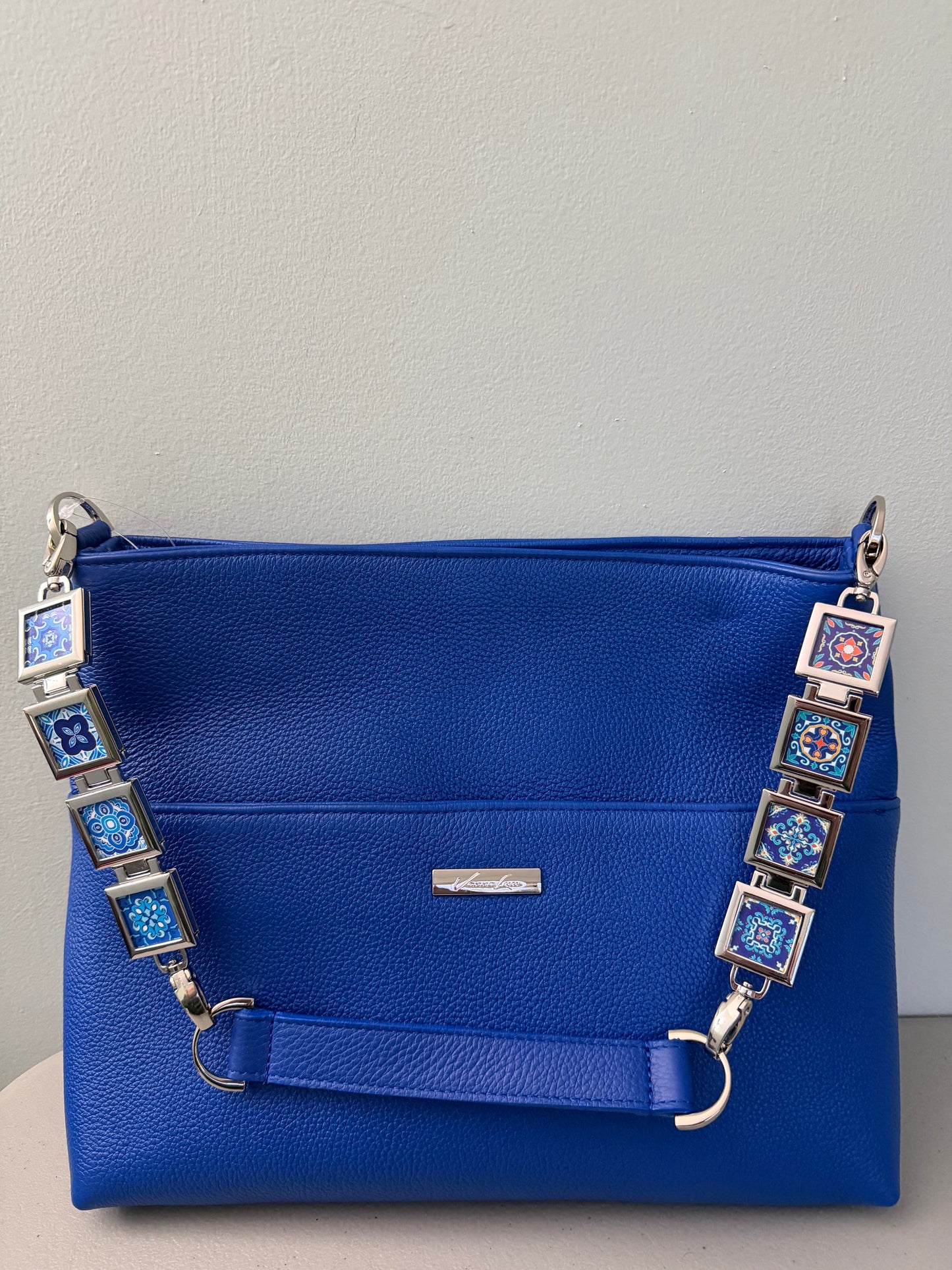 Vanna Luu Blue Leather Tote Bag With Removable Locket Strap- USA Made