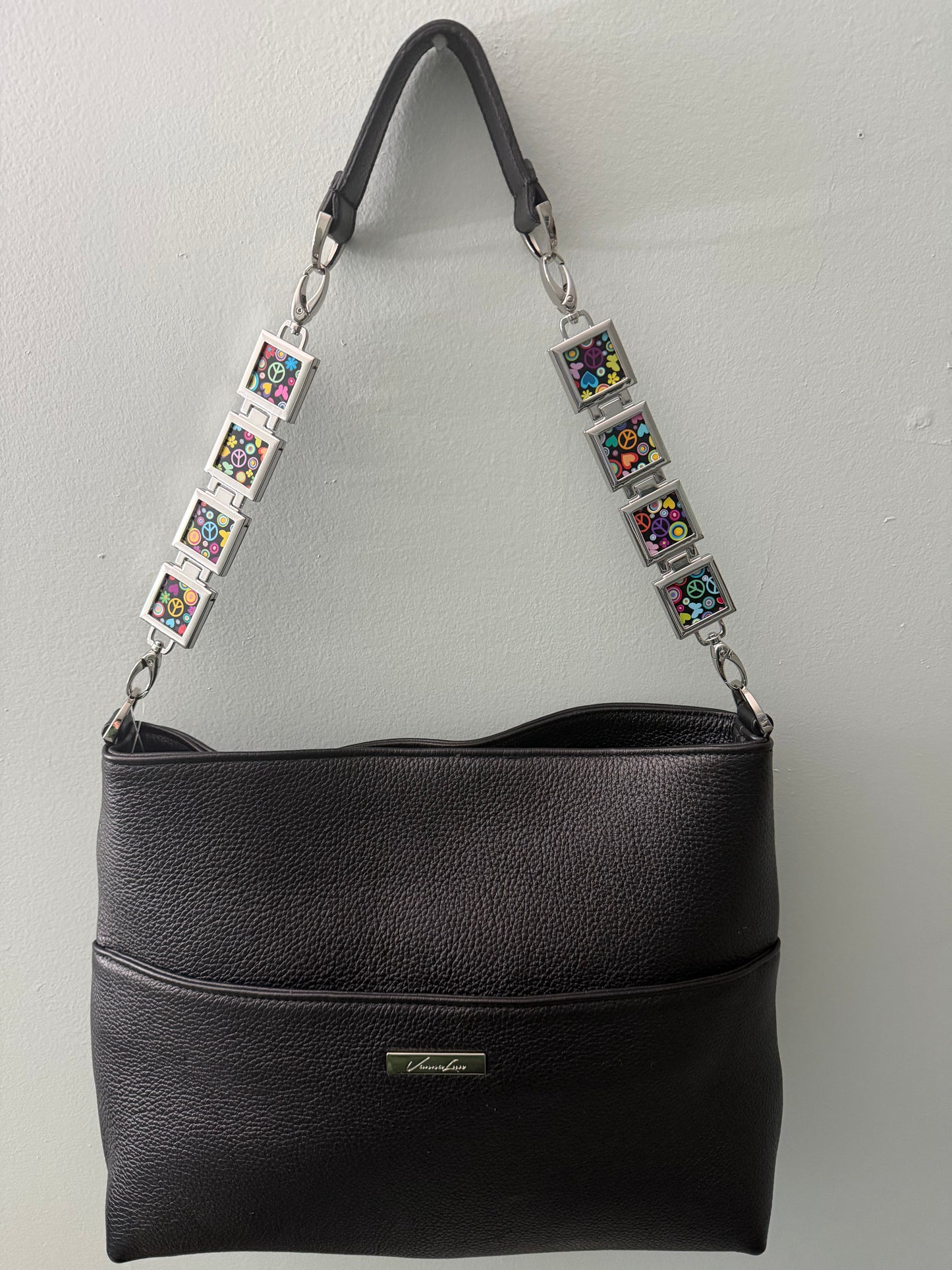 Vanna Luu Black Leather Tote Bag With Removable Locket Strap- USA Made