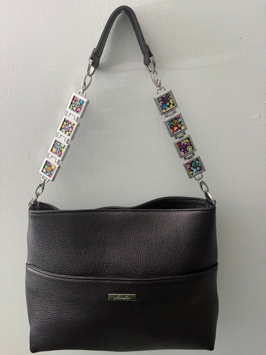 Vanna Luu Black Leather Tote Bag With Removable Locket Strap- USA Made