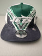 Front profile shot of a brand new New Era New York Jets The Golfer snapback hat featuring a green and white sublimated tie dye front panel, premium embroidered white jets logo, gray structured brim, and breathable white mesh trucker backing.  