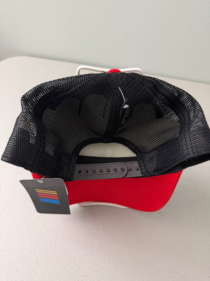 Back View: Brand new 2026 NASCAR racing rope trucker hat in black and red, featuring a vibrant embroidered front logo, white braided rope trim, and adjustable snapback closure.