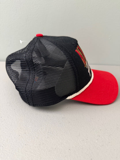 Opposite Side View: Brand new 2026 NASCAR racing rope trucker hat in black and red, featuring a vibrant embroidered front logo, white braided rope trim, and adjustable snapback closure