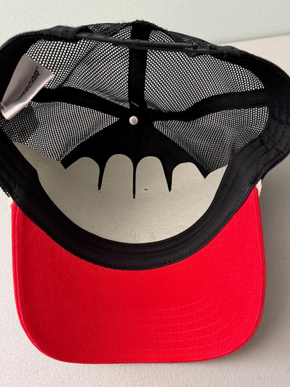 Inside View: Brand new 2026 NASCAR racing rope trucker hat in black and red, featuring a vibrant embroidered front logo, white braided rope trim, and adjustable snapback closure.