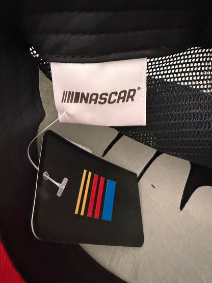 Official NASCAR Tags: Brand new 2026 NASCAR racing rope trucker hat in black and red, featuring a vibrant embroidered front logo, white braided rope trim, and adjustable snapback closure