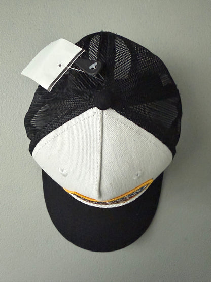 Top View: Brand new Toyota Off-Road Racing rope trucker hat in black and white, featuring a large embroidered retro shield logo patch, checkerboard racing stripes, and a braided white rope detail on a snapback cap from Bell's Bargain Barn.