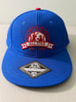 Brand new royal blue Cooperstown All Star Pro Village Pro Series stretch fit baseball hat featuring an embroidered red and white tournament patch, a diamond-shaped L/XL silver visor sticker, and an athletic mesh-textured crown from Bell's Bargain Barn. 