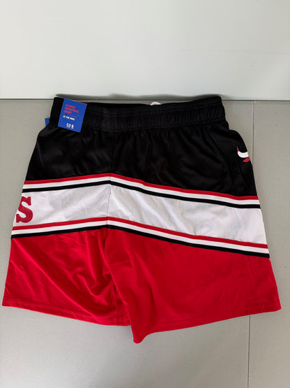 Back view of brand new Men's Chicago Bulls mesh athletic shorts in black with elastic waistband