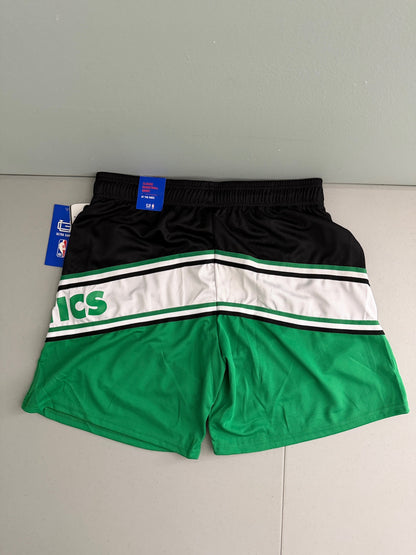 Back view of new Men's Boston Celtics basketball shorts showcasing the elastic waistband and athletic color-block mesh material. 