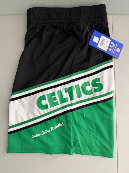 Close-up view: Boston Celtics Men's NBA basketball shorts left leg Celtics and scripted stylized Boston Celtics Basketball across the left thigh 
